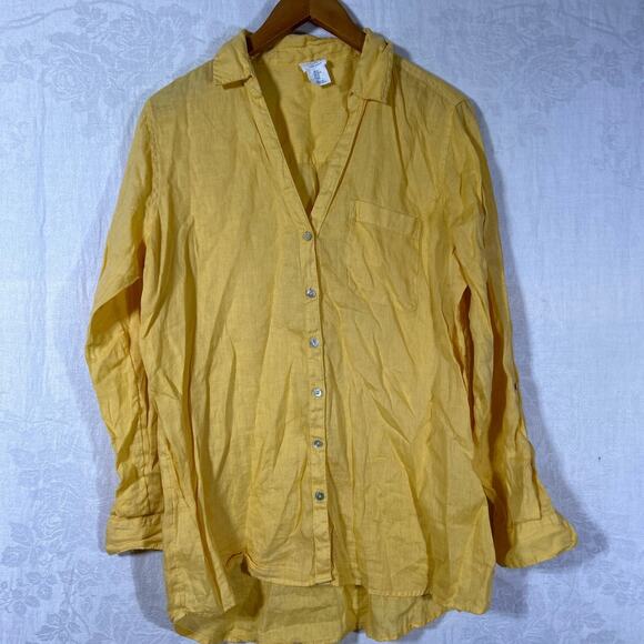 Sigrid Olsen Medium Button Up Shirt Yellow Linen Long Sleeve Roll Tab Boho - Picture 2 of 13